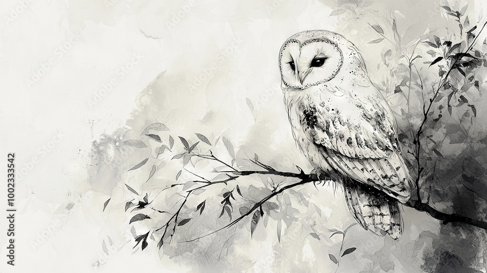 Fototapeta premium A grayscale image of an owl perched atop a leaf-laden branch against a monochrome backdrop