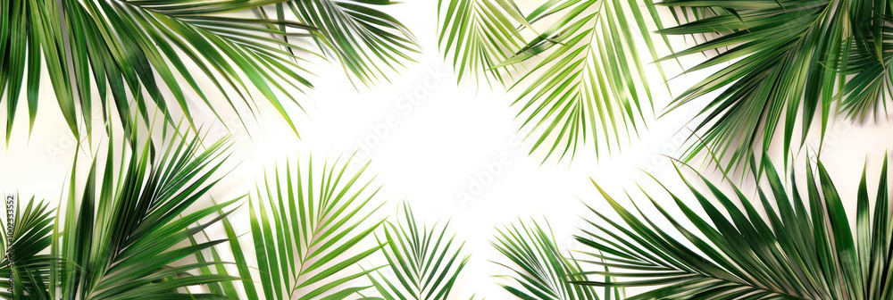 Lush green palm leaves frame bright, empty space, creating tropical and refreshing atmosphere. Perfect for nature themed designs