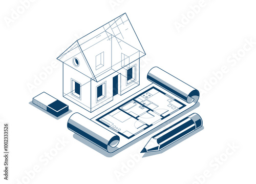Cottage house for rest project concept, 3D isometric vector illustration of a small house building project, countryside small house cabin in village or nature.