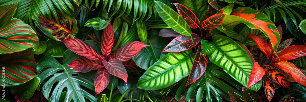 Lush green foliage featuring vibrant tropical plants with striking red and green leaves, creating rich and lively atmosphere Lush green foliage featuring vibrant tropical plants with striking red and green leaves, creating rich and lively atmosphere