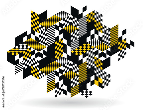 Abstract vector art with 3D isometric cubes geometric background, op art blocks with different forms isolated, polygonal graphic design, cubical theme.