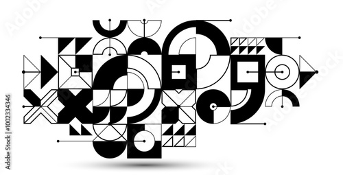 Abstract vector geometric background, tech engineering look like shapes and lines composition, mechanical engine industry style, black and white.