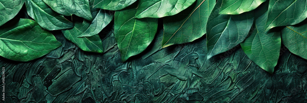 Fototapeta premium Lush green leaves create vibrant and textured background, showcasing natures beauty and diversity. rich shades of green evoke sense of tranquility and freshness