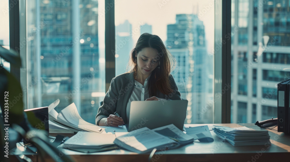 woman is working diligently at her desk in modern office, surrounded by paperwork and laptop, with city skyline visible through large windows. scene conveys sense of focus and productivity woman is working diligently at her desk in modern office, surrounded by paperwork and laptop, with city skyline visible through large windows. scene conveys sense of focus and productivity