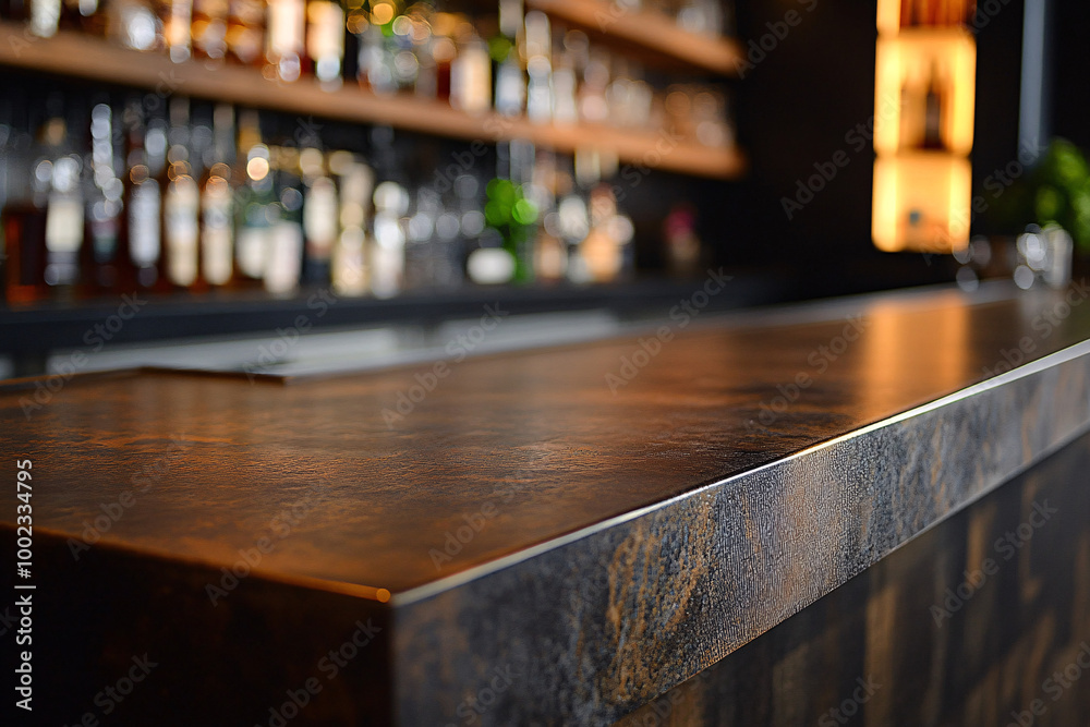 A modern bar counter with a sleek design, blurred bottles in the background, and soft ambient lighting A modern bar counter with a sleek design, blurred bottles in the background, and soft ambient lighting