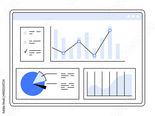 Computer screen displaying various data charts and graphs. Ideal for business, finance, analytics, data visualization, reporting. Clean, minimalist design.