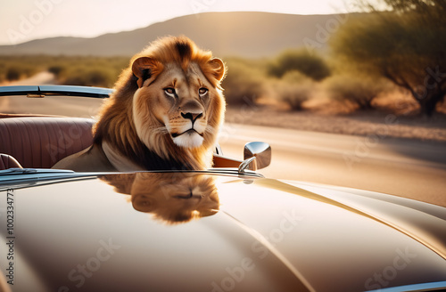 A lion with a wide mane is sitting in a car