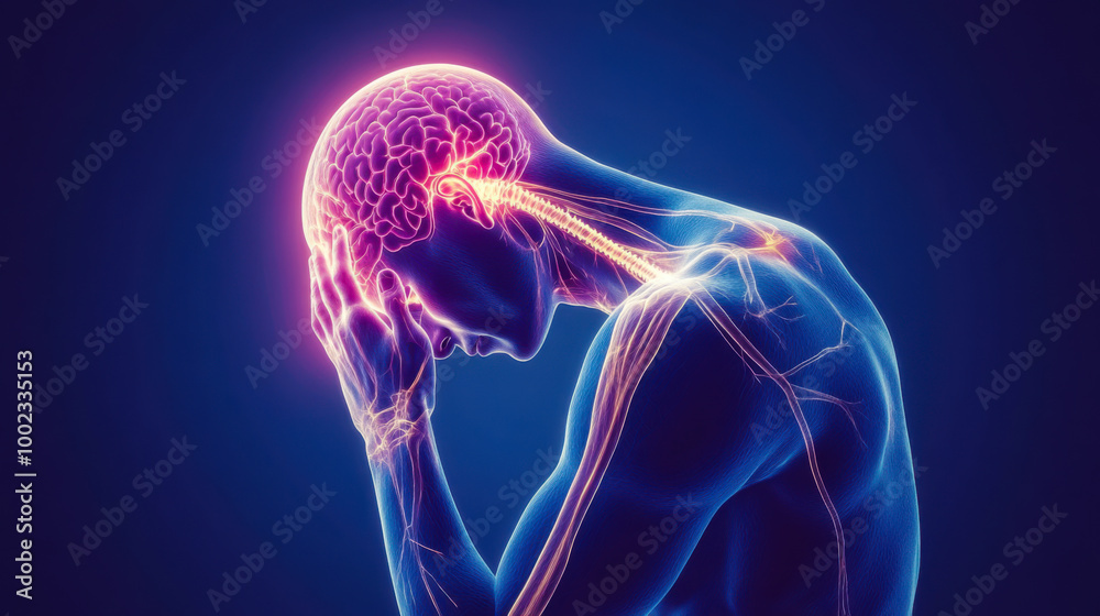 A person holding their head in despair, illustrating the physical and emotional pain of stress and anxiety in a striking digital representation A person holding their head in despair, illustrating the physical and emotional pain of stress and anxiety in a striking digital representation