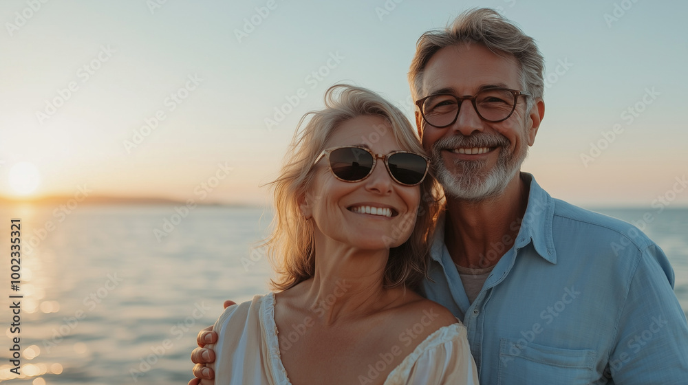 Beautiful happy senior couple dating at the seaside during summertime
