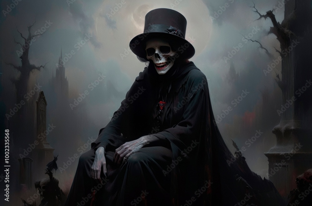 A dead skeletal person with a skull face dressed in a black cape and hat sits on a tombstone grave in a misty graveyard. Grim reaper, Death, Santa Muerte, Baron Samedi horror illustration. A dead skeletal person with a skull face dressed in a black cape and hat sits on a tombstone grave in a misty graveyard. Grim reaper, Death, Santa Muerte, Baron Samedi horror illustration.