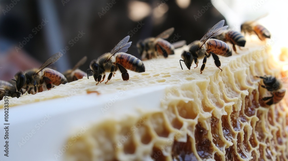 Fototapeta premium Nature's Architects: Up Close with Honeybees and Their Intricate Comb