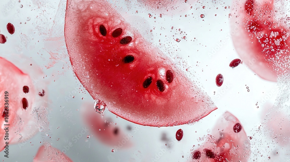 Fototapeta premium A watermelon slice on white, showing water droplets