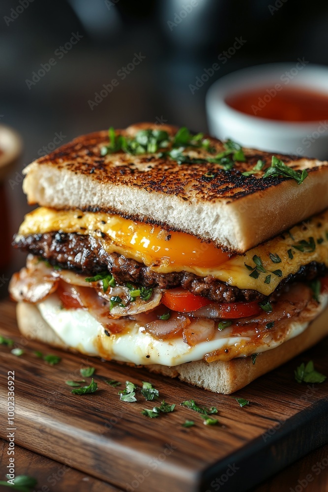Delicious Layered Sandwich With Egg, Beef, and Vegetables on a Wooden Board Delicious Layered Sandwich With Egg, Beef, and Vegetables on a Wooden Board