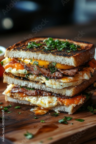 A Delicious Stack of Grilled Sandwich Layers Featuring Steak, Melted Cheese, and Fried Eggs in a Cozy Cafe