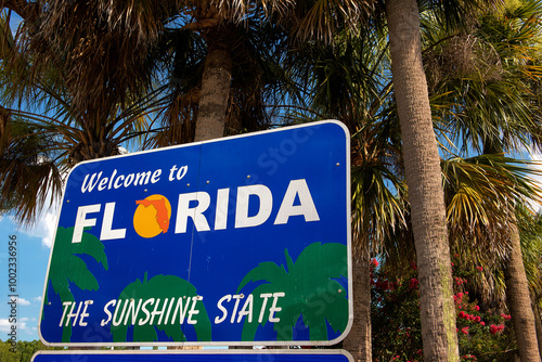 Welcome to Florida sign with palm trees in background
