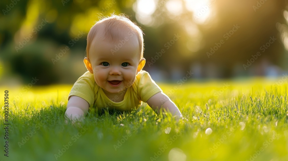 Cheerful baby in yellow onesie crawling on lush green grass, backlit by warm sunlight in a park setting Cheerful baby in yellow onesie crawling on lush green grass, backlit by warm sunlight in a park setting