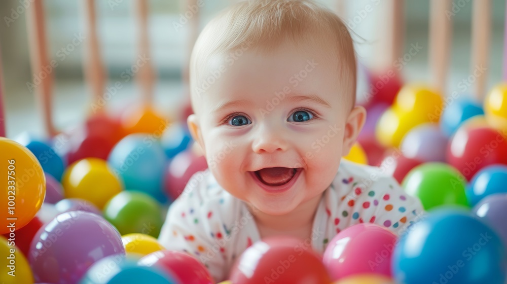 Adorable baby with blue eyes laughs while surrounded by colorful plastic balls, showcasing happiness and playful exploration in a vibrant, safe environment Adorable baby with blue eyes laughs while surrounded by colorful plastic balls, showcasing happiness and playful exploration in a vibrant, safe environment