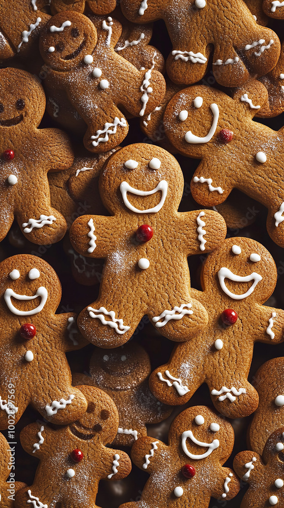 A close-up view of numerous gingerbread men cookies arranged in a seamless pattern, creating a festive and inviting Christmas baking texture