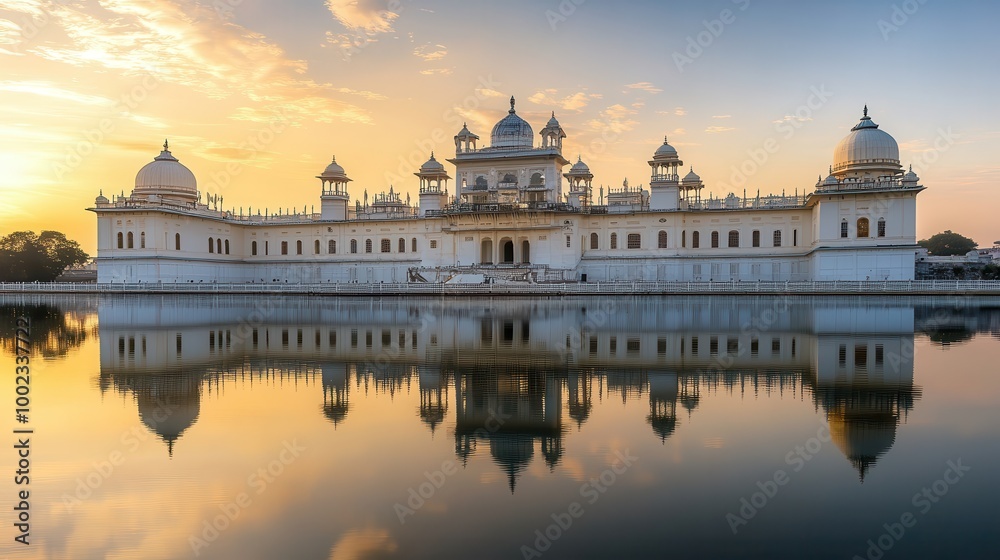 Fototapeta premium A stunning palace reflected in water during sunset, showcasing architectural beauty.