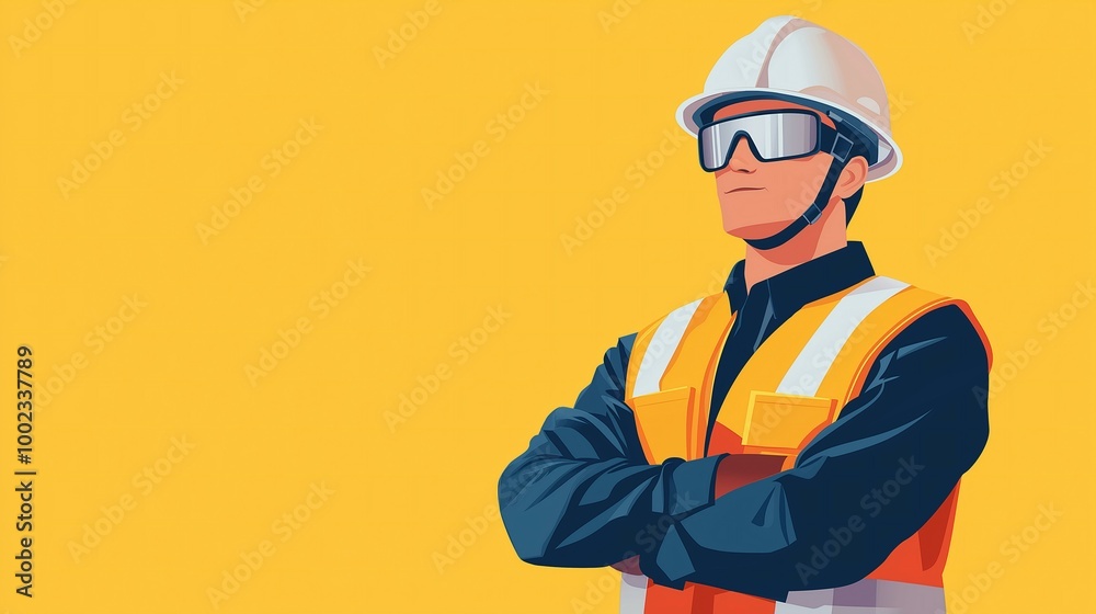 Confident Worker in Safety Gear Emphasizing Health and Safety Standards in the Workplace Environment Confident Worker in Safety Gear Emphasizing Health and Safety Standards in the Workplace Environment