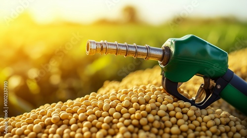 Diesel Fuel Nozzle and Soybeans Illustrating Concept of Biodiesel and Renewable Biofuel Energy