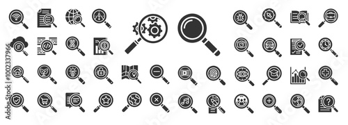magnifying glass themed icon collection, discover detect research explore