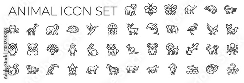 wildlife animals line art icon set, jellyfish hedgehog hummingbird deer