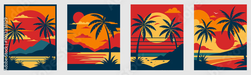 tropical beach retro poster palm trees mountains sunset background, 80s vintage 70s