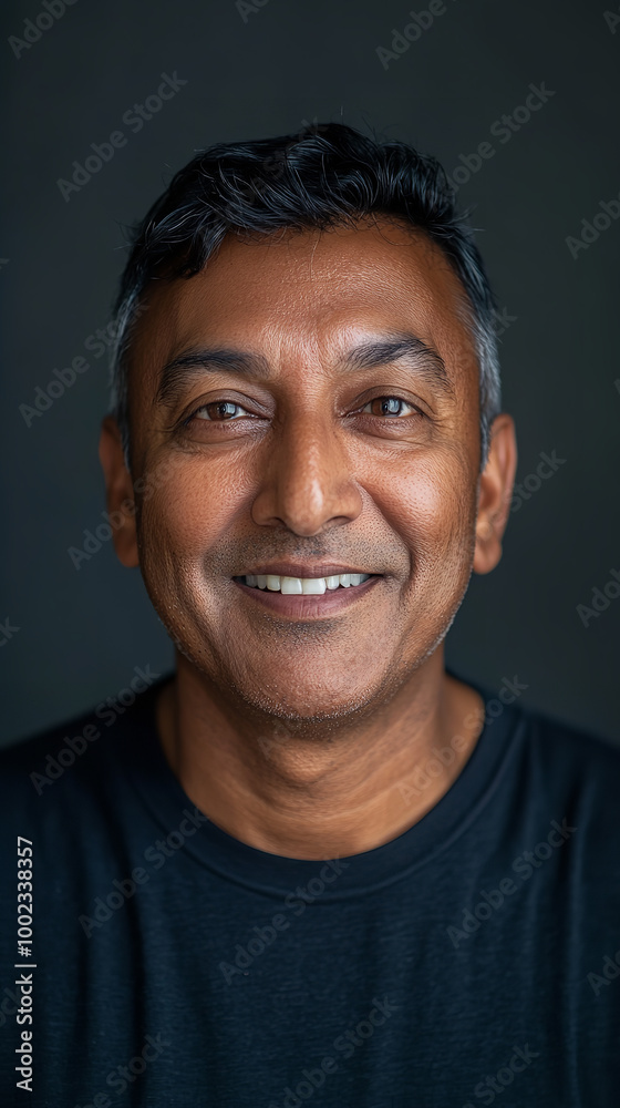 Obraz premium A front portrait of a middle-aged Indian man, smiling, centered, short black hair
