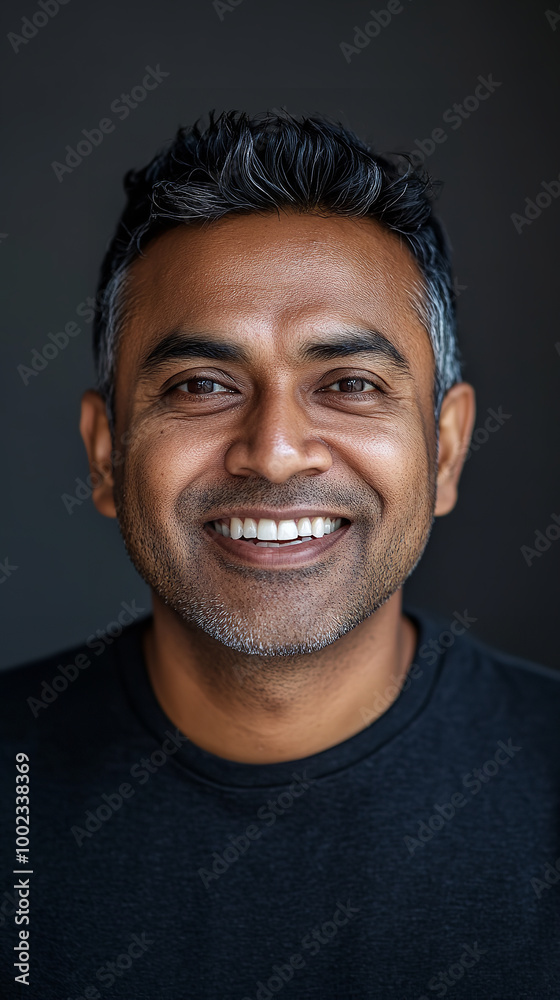 A front portrait of a middle-aged Indian man, smiling, centered, short black hair A front portrait of a middle-aged Indian man, smiling, centered, short black hair