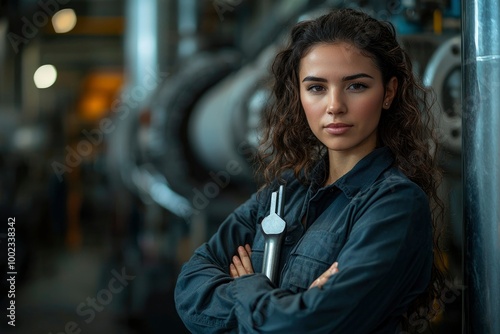 Confident Female Mechanic with Wrench in Factory Setting