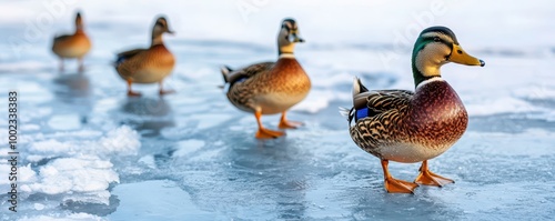 A group of colorful ducks walks on a frozen surface, surrounded by small patches of ice, showcasing their vibrant plumage.