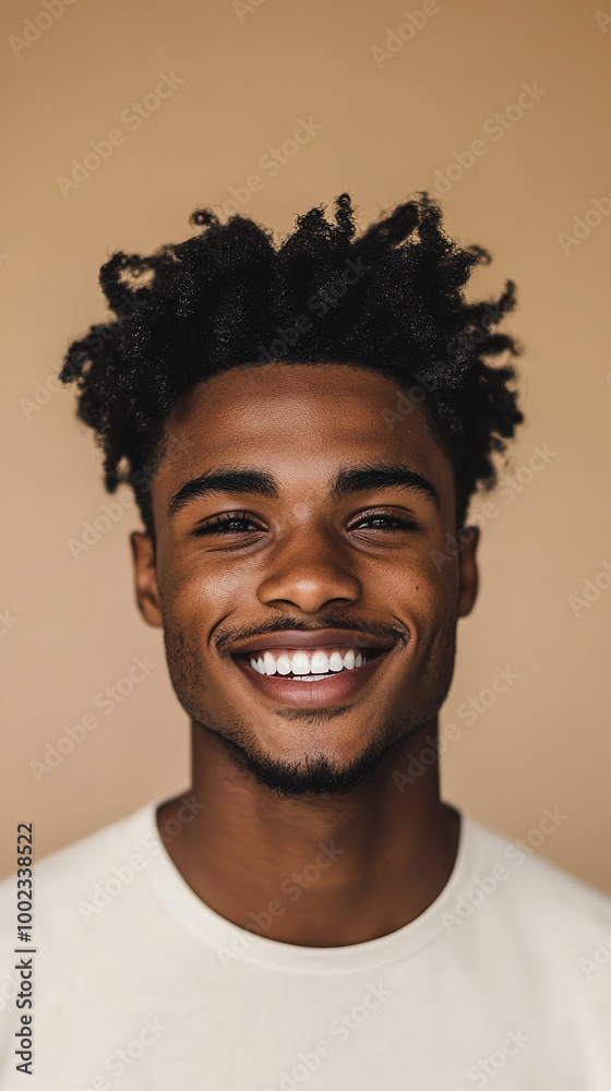 A front portrait of a young African man, smiling, centered, short curly black hair, dark brown skin, plain beige background A front portrait of a young African man, smiling, centered, short curly black hair, dark brown skin, plain beige background