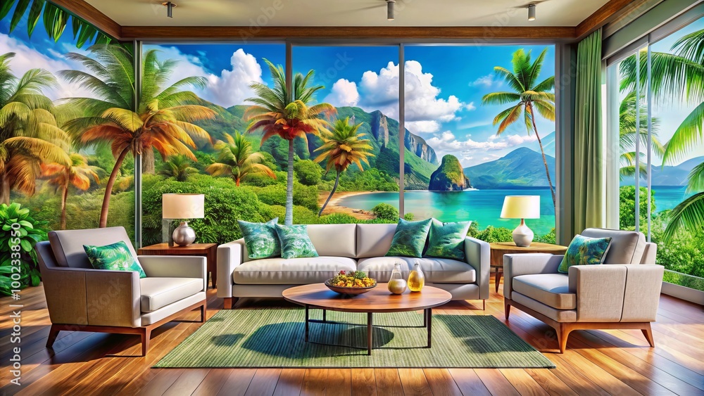 Fototapeta premium Experience contemporary interior design that embraces tropical aesthetics, perfectly complementing Hawaii's