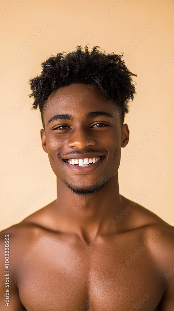 A front portrait of a young African man, smiling, centered, short curly black hair, dark brown skin, plain beige background A front portrait of a young African man, smiling, centered, short curly black hair, dark brown skin, plain beige background