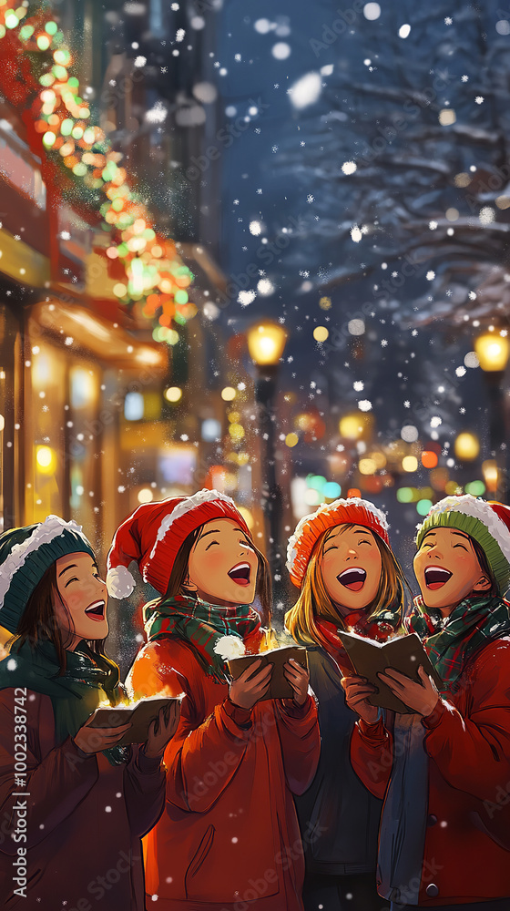 A group of cheerful teenagers, bundled up in festive winter attire, stand on a city street singing traditional Christmas carols A group of cheerful teenagers, bundled up in festive winter attire, stand on a city street singing traditional Christmas carols