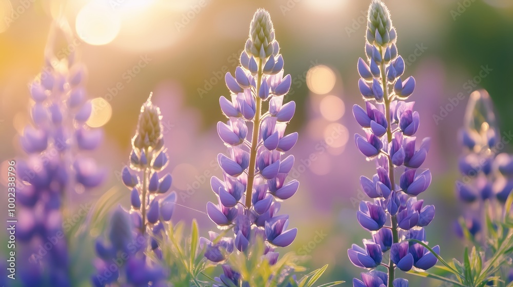 Obraz premium Beautiful lupine flowers blooming in a sunny meadow during springtime, showcasing vibrant purple hues and a serene atmosphere