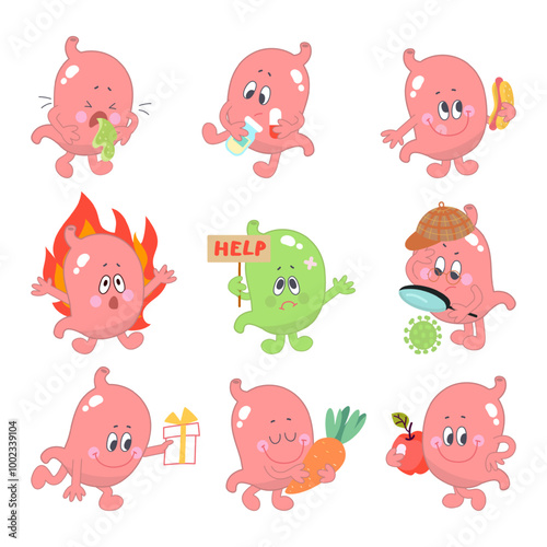 Cartoon stomach. Human stomach eating hot dog and healthy food, looking and need help. Prevention and treatment, heartburn gastritis nowaday vector icons