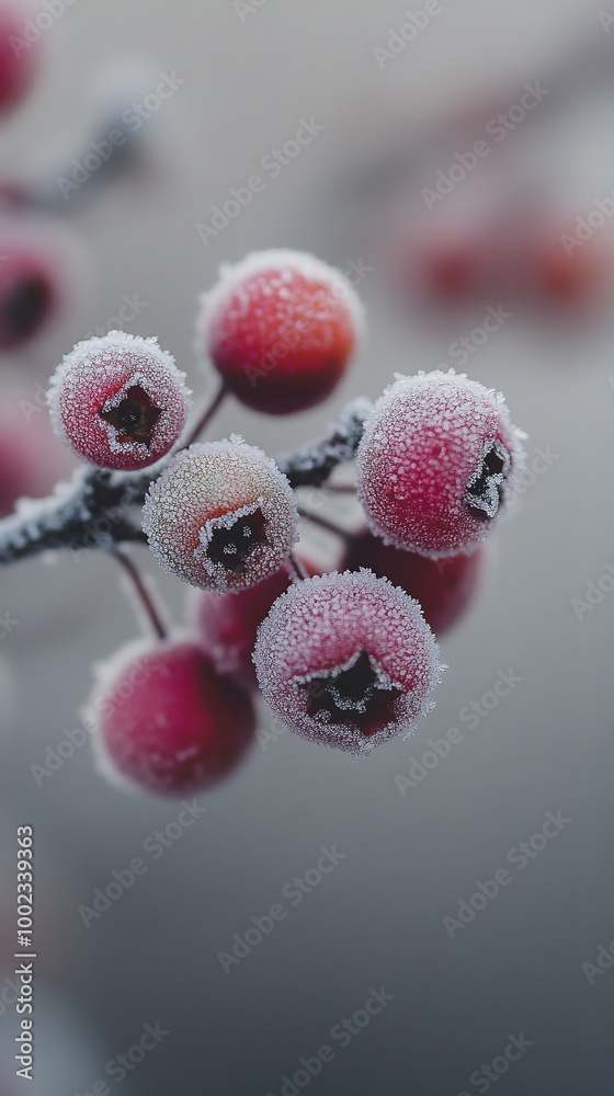 A macro image of frost-covered berries on a branch, showcasing the vibrant colors muted by a layer of ice A macro image of frost-covered berries on a branch, showcasing the vibrant colors muted by a layer of ice