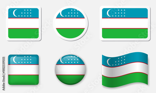 Flag of Uzbekistan icons collection. Flat stickers and 3d realistic glass vector elements on white background with shadow underneath.