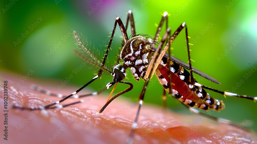 A macro shot of a Aedes mosquito perched on a bodyskin A macro shot of a Aedes mosquito perched on a bodyskin