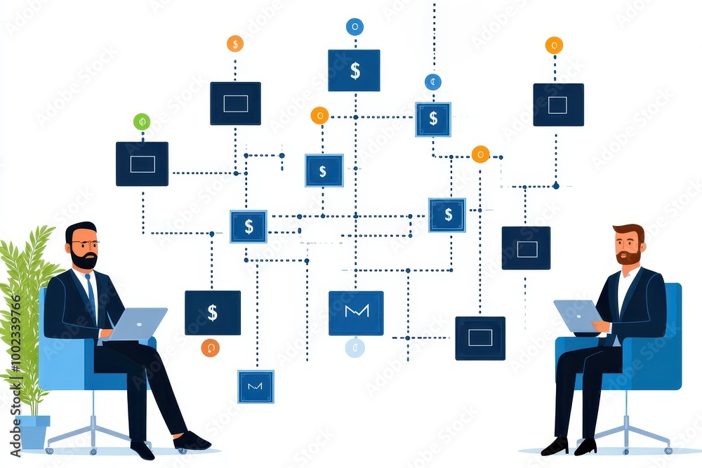 Fototapeta premium Two men in suits with laptops, flowchart design.