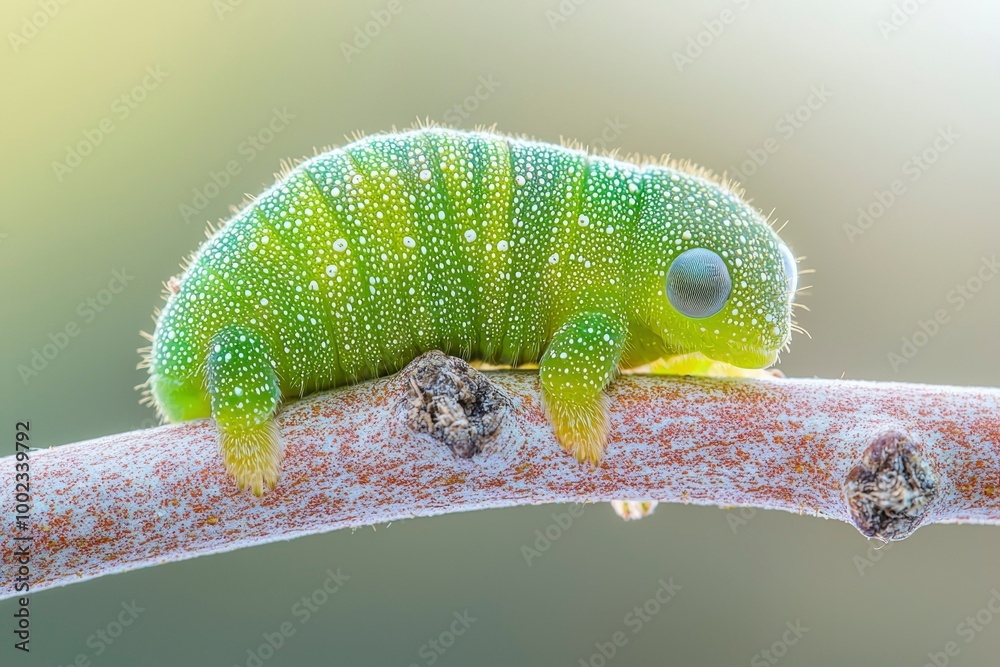 Green Caterpillar with White Spots on a Brown Branch Stock Photo ...