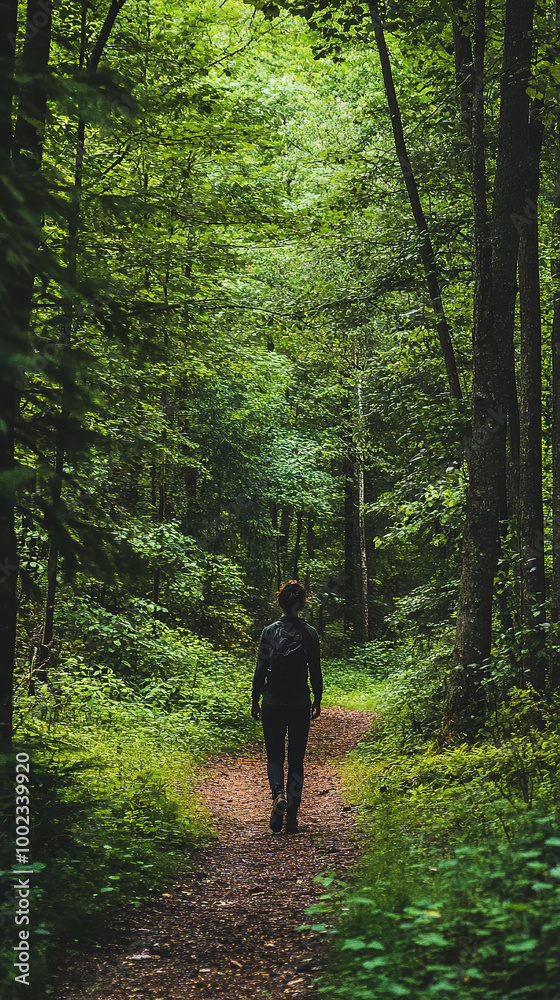 A person walking down a dirt path in the woods, great for outdoor adventures and nature scenes A person walking down a dirt path in the woods, great for outdoor adventures and nature scenes