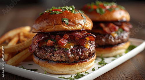 Close-up of a gourmet slider platter featuring three different mini burgers, each with unique toppings like cheddar cheese and crispy bacon. photo