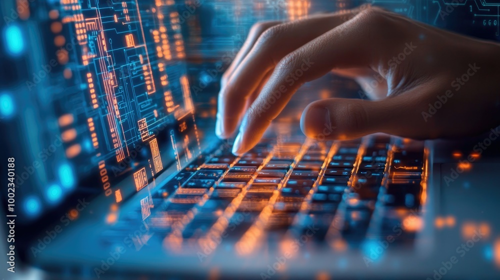 Close-up of a software engineer's hand typing on a laptop, with a digital circuit board pattern in the background. Close-up of a software engineer's hand typing on a laptop, with a digital circuit board pattern in the background.