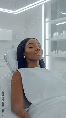 Obraz na płótnie A photoshoot displaying luxury med spa with a happy black female patient w salonie