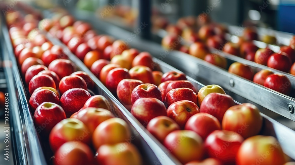 Close-up of apples moving down an automated sorting line in a modern food processing facility. Close-up of apples moving down an automated sorting line in a modern food processing facility.
