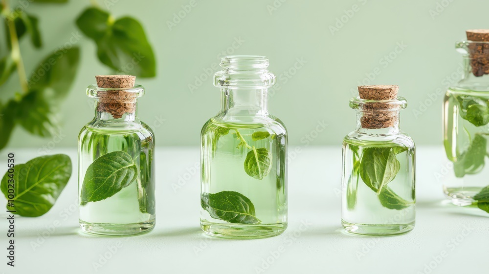 Three glass bottles filled with translucent liquid and fresh green mint leaves, set against a soft green background.