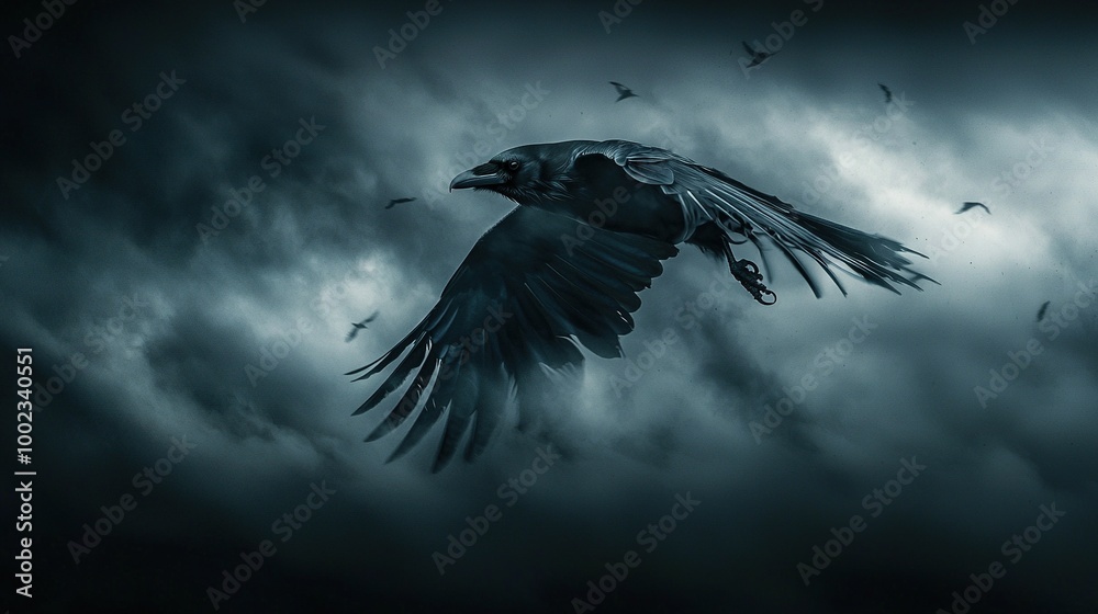 Naklejka premium A bird soars through a cloud-filled sky amidst a flock of birds on a cloudy day